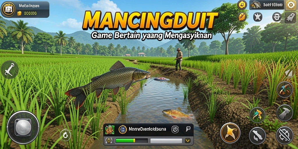 Tampilan gameplay MANCINGDUIT dengan kebun dan kolam ikan yang indah.